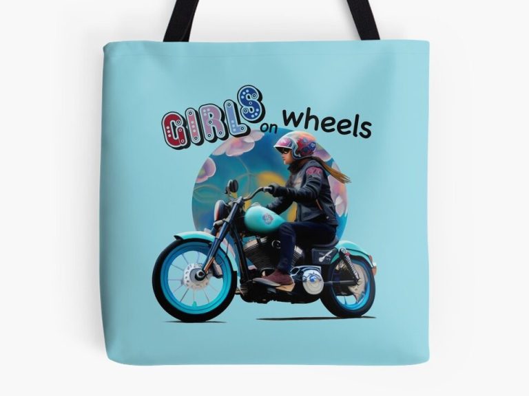 Shopping bag showing a girl on a motorbike and the words „Girls on Wheels“