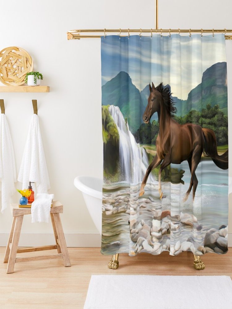 Painted shower curtain showing a horse
